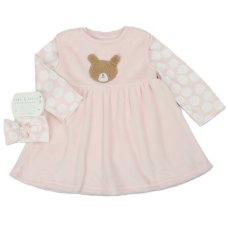 N34613:  Baby Girls Plush Fleece Pinafore Dress, Top & Headband Outfit (6-24 Months)